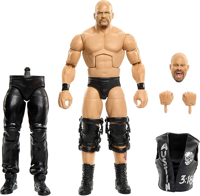 Mattel WWE Elite Collection Action Figure & Accessories, Premium Live Event “Stone Cold” Steve Austin Set, SummerSlam Series with Jesse “The Body” Ventura Build-A-Figure Parts