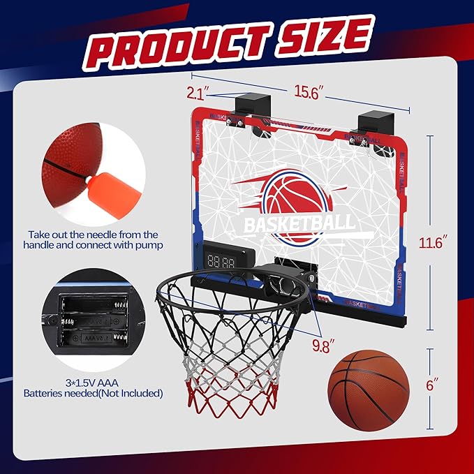 Mini Indoor Basketball Hoop with 7-Color Lights & 3-Light Effects & Scoreboard & Timer,Over The Door Bedroom Office Basketball Hoop for 5-7 8-12+ Year Old Kids Boys Birthday