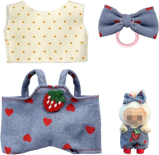 Clothes for LABUBU 17cm Doll (NO Doll),Outfit for LABUBU,Shirt + Overalls + Bow Tie Set for LABUBU Dress Up,Accessories for LABUBU