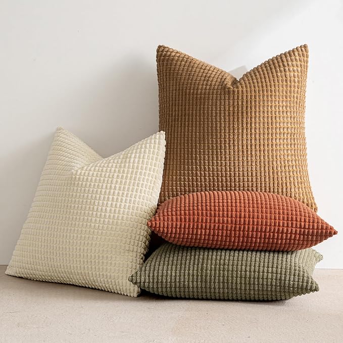 MIULEE Farmhouse Decorative Pillow Covers 18x18 Inch Set of 4 Brown Green | Modern Natural Rustic Throw Pillows, Neutral Warm Soft Corduroy Couch Pillowcases, Home Decor for Sofa Living Room Bed