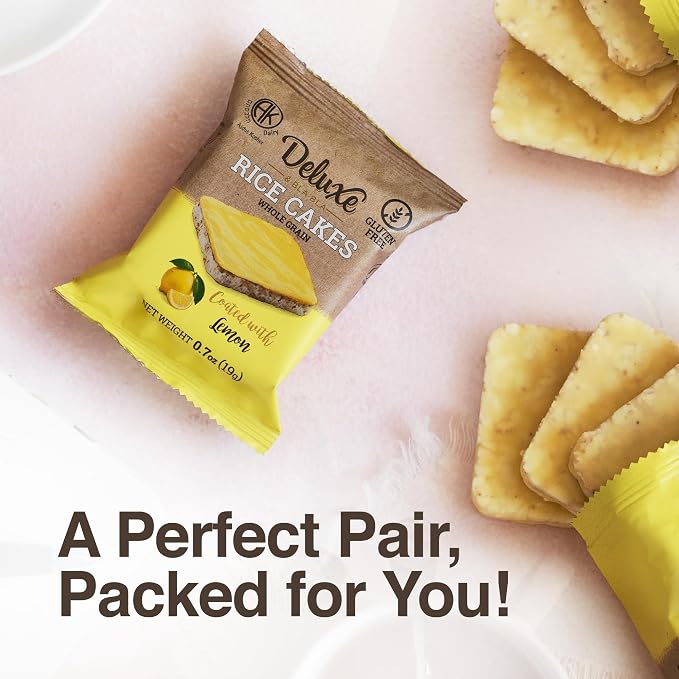 Deluxe & Bla Bla Rice Cakes 12 Pack – Whole Grain, Gluten-Free, Kosher, Low-Calorie Snack - Coated with Lemon - Healthy & Crunchy Treat - Individually Wrapped, (19g Each)