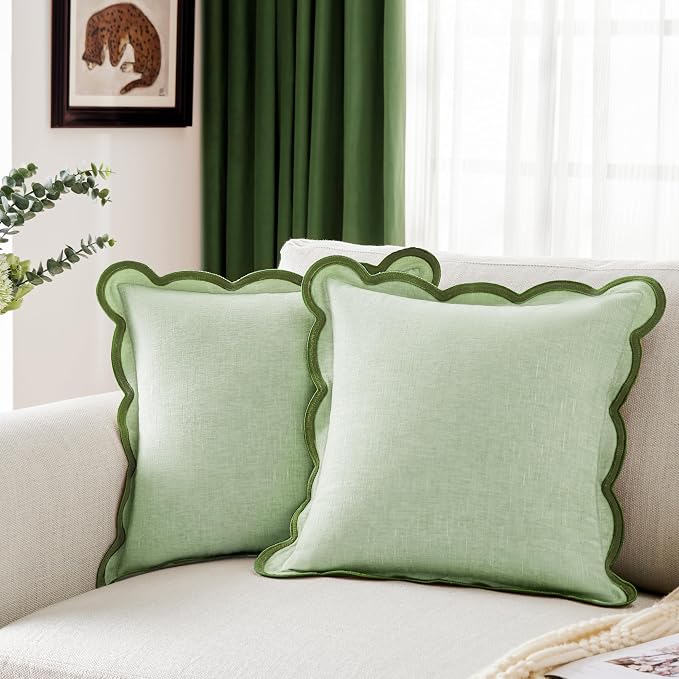 Ohocut Light Green Scalloped Pillow Cover Pack of 2 Spring Chenille Decorative Cute Boho Couch Throw Pillow Covers 20" x 20" Aesthetic Funky Preppy Pillow Cases for Sofa Living Room