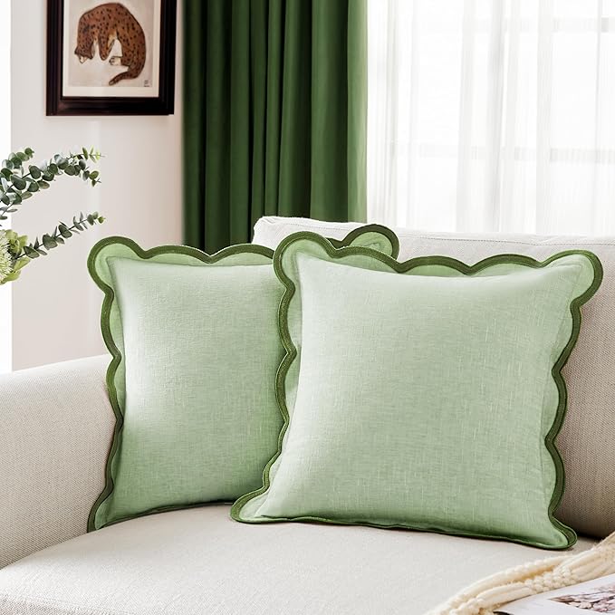 Ohocut Light Green Scalloped Pillow Cover Pack of 2 Spring Chenille Decorative Cute Boho Couch Throw Pillow Covers 18" x 18" Aesthetic Funky Preppy Pillow Cases for Sofa Living Room