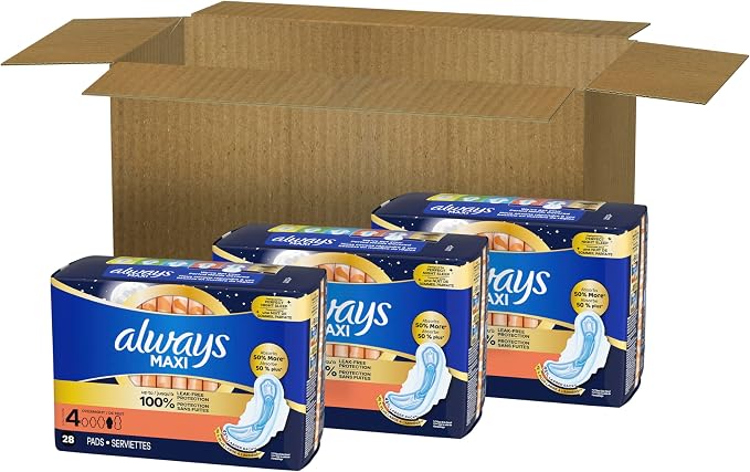 Always Maxi Overnight Pads with Wings for Women, Size 4, Overnight Absorbency, Unscented,84 Count (Pack of 2)