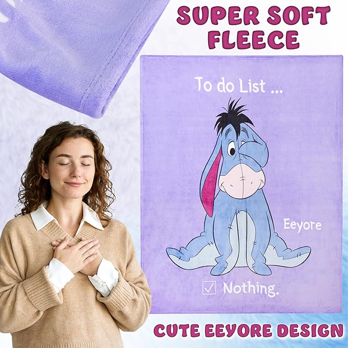 Disney Eeyore Throw Blanket Soft Fleece Blanket Bedroom Comforter 59 x 51” (Purple Eeyore)