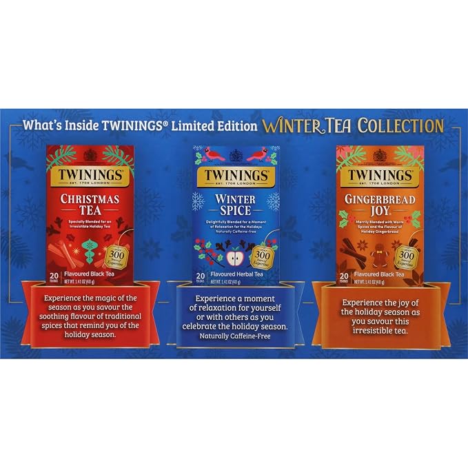 Twinings Winter Tea Collection, Limited Edition Holiday Gift Box, 20 Count (Pack of 3), Includes Christmas Tea, Winter Spice, and Gingerbread Joy, Enjoy Hot or Iced, 60 Teabags