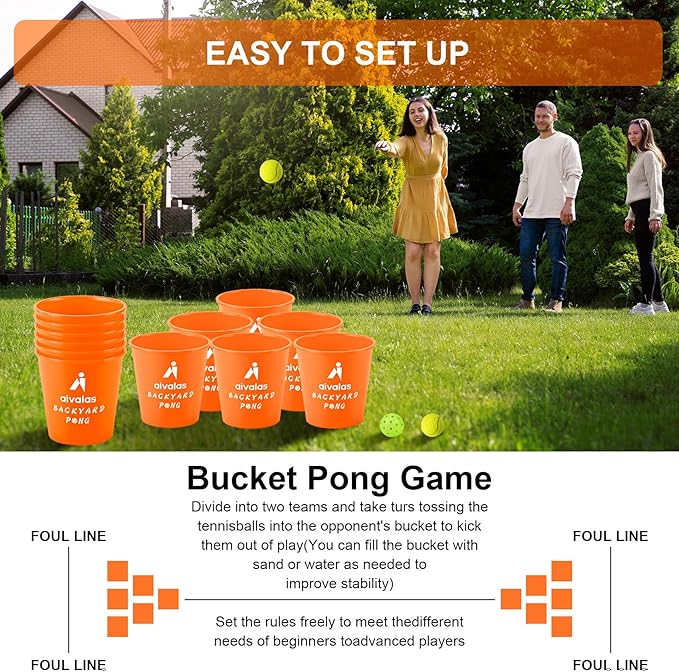 Aivalas Yard Pong Outdoor Games, Giant Yard Games Set with 12 Buckets and Balls for Adults and Family, Toss Game Throwing Games for Beach, Camping, Lawn and Backyard