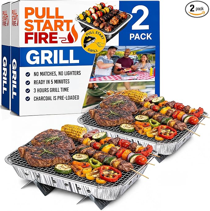 Pull Start Fire Grill, Natural Hardwood Charcoal, Portable 3hr Burn, 2 Pack | Pull Start Matchless Ignition, Ready in 5 Mins, Clean Burn, No Lighter Fluid, Disposable, Tailgate, Camping, Beach, Backyard