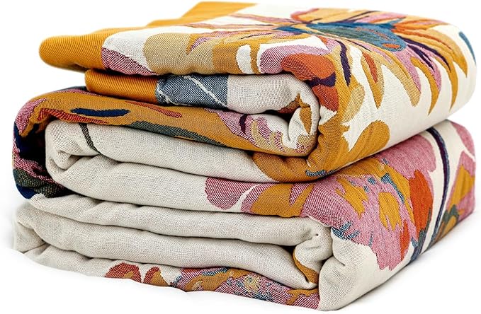 LUTBM King Throw Blanket for Bed -100% Cotton Soft Boho Summer Blankets | 90"x108" Reversible Floral Butterfly Bedspread, All-Season, For Chair Sofa Couch Bedroom Decor, Lightweight Breathable Quilt