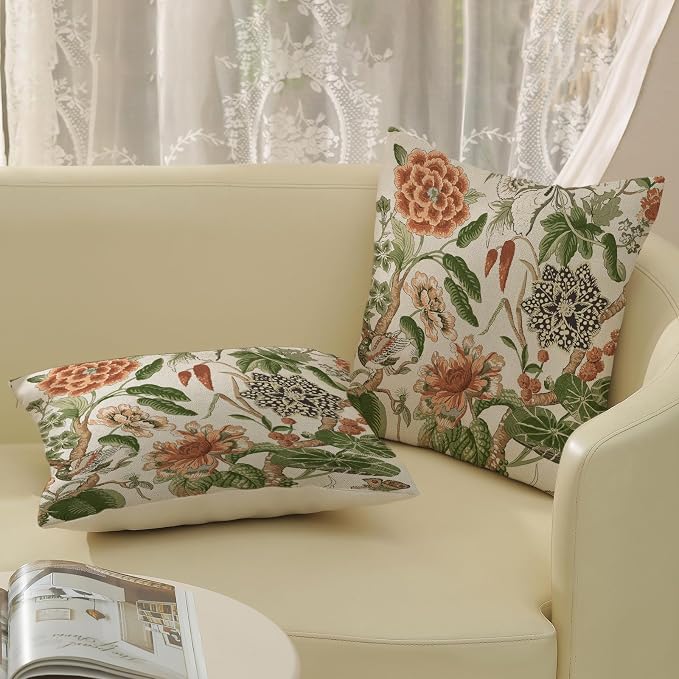 Orange Sage Green Pillow Covers 18x18 Inch Set of 2 Vintage Orange Floral Throw Pillows Chinoiserie Flower Decorative Pillow Case Outdoor Linen Farmhouse Cushion Cover for Couch Sofa Decorations