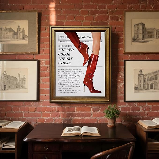 Vintage Color Theory Newspaper Poster Retro Fashion Red Boots Canvas Wall Art Funky Girl Room Decor Feminist Quote Print Wall Decor Aesthetic for Girly Bedroom Home Dorm 24x36inch Gold Framed