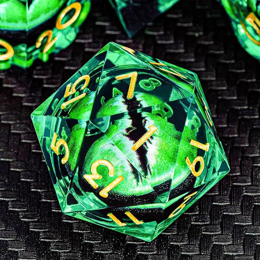 ARUOHHA DND Resin Dice Dragon Eye Dice Liquid Core Green Sharp Edged Dice Set with Gift Box, Dungeons Polyhedral D and D Dice Set Compatible with D&D Role Playing Game D20 D12 D10 D8 D6