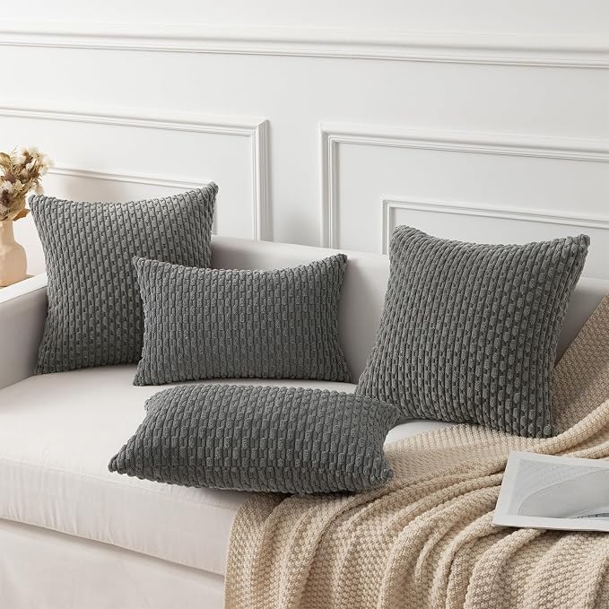 Kevin Textile Soft Corduroy 12"x24" Lumbar Pillow Cover 1 Pack, Dark Grey | Boho Stripe Plush Corduroy Decorative Oblong Cushion Cover Modern Farmhouse Home Decor for Sofa Couch Bed Chair
