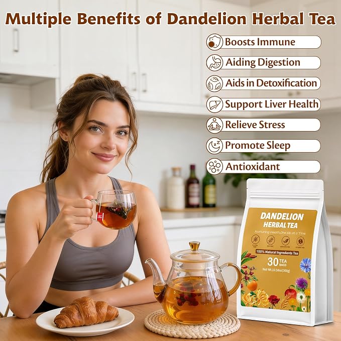 Dandelion Herbal Tea, Liver Cleanse Detox & Repair Dandelion Root Tea Support Kidney & Liver Health, 14 Precious Ingredients Formula Herbal Teabags for Men & Women (1 Pack/30 Bags)