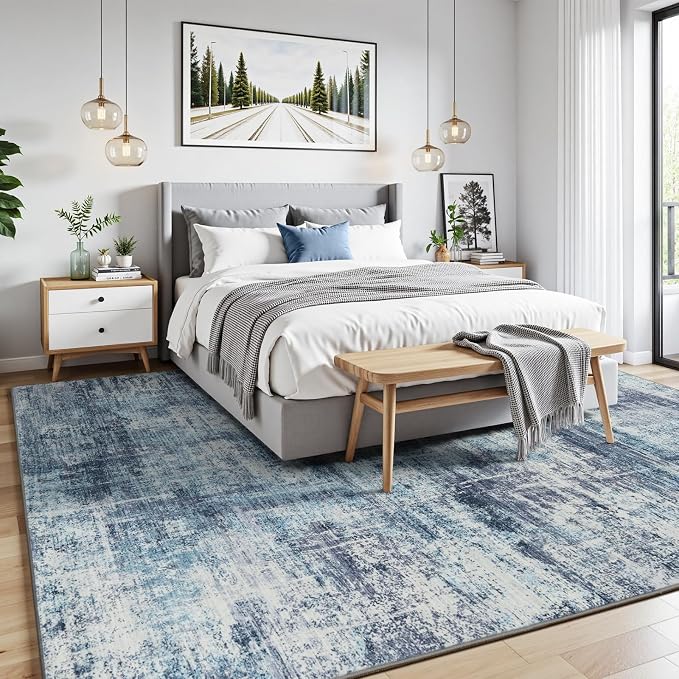 8x10 Area Rug for Living Room, Abstract Washable Non-Slip Large Rugs, Blue | Soft Neutral Carpet for Bedroom, Dining Room, Home Office Nursery Indoor, Stain Resistant, Non-Slip, Low Pile Modern Rug
