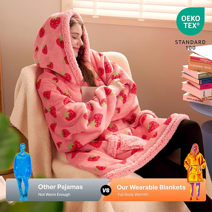Giggling Getup Wearable Blanket Hoodie for Adults Gifts for Teen Girls Sister Women Sherpa Fleece Printed Hooded Blanket Sweatshirt Warm Cozy with Pocket & Sleeves Strawberry