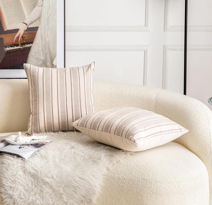 Cethom Decorative Boho Throw Pillow Covers, Farmhouse Textured Pillow Case, 18 x 18 Inch Set of 2, Chair Sofa Bedroom Living Room Home Decor Couch Cushion Case, Taupe and Beige Striped