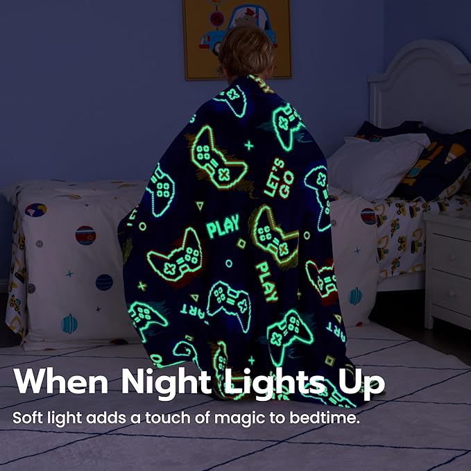 Joiedomi Glow in The Dark Gaming Blanket Gamer Gifts for Boys Age 2 3 4 5 6 7 8 9 10 11 12 Year Old, Soft Cozy Flannel Kids Throw Blanket, Birthday Bedroom Decor Dark Blue 50"×60"