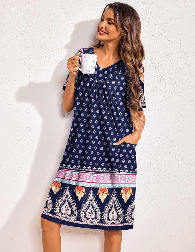Ekouaer Womens House Dress Floral Print Nightgown with Pockets Mumu Dress