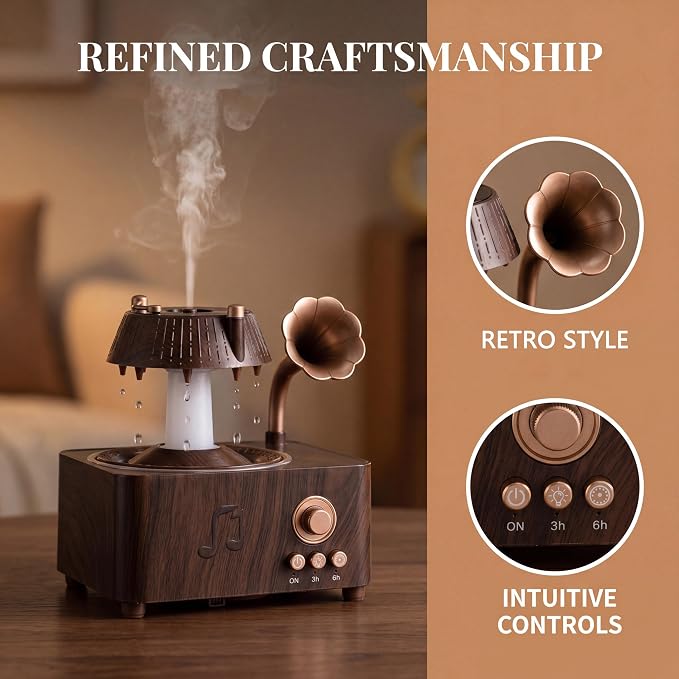 Vintage Record Player Essential Oil Diffuser 250mL Aromatherapy Diffuser with LED Light & Fragrance Diffusion, Quiet Humidifier for Home Bedroom Office Yoga, Retro Decor Air Freshener Machine
