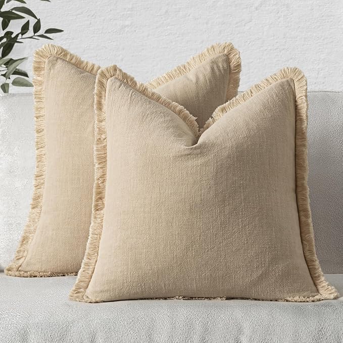 MIULEE Boho Linen Fringe Decorative Throw Pillow Covers Beige 18x18 | Set of 2, Cottagecore Decor, Boho Farmhouse Neutral Pillow Covers, Rustic Couch Cushion Cases for Sofa Bed Living Room