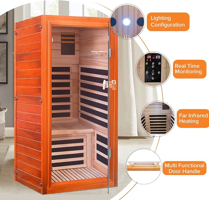 OUTEXER Far Infrared Sauna Dry Saunas 1065W Indoor Home Sauna Low EMF 110V with Control Panel 7 Color Light 31.5"x31.5"x63"