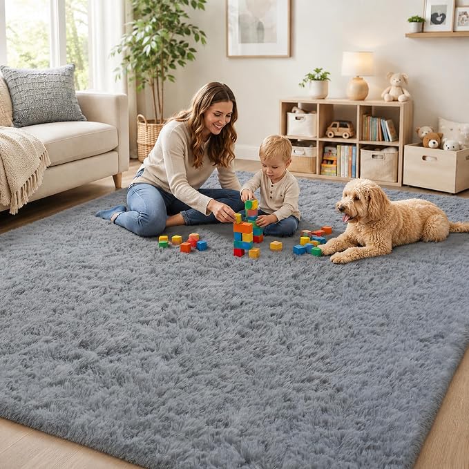Area Rug for Living Room Bedroom: 8x10 Grey Soft Fluffy Shag Upgrade Non-Slip High Pile Carpet Large Fuzzy Plush Indoor Floor Decor Shaggy Rug for Kid Boys Girls Dorms Playroom Nursery Modern Home