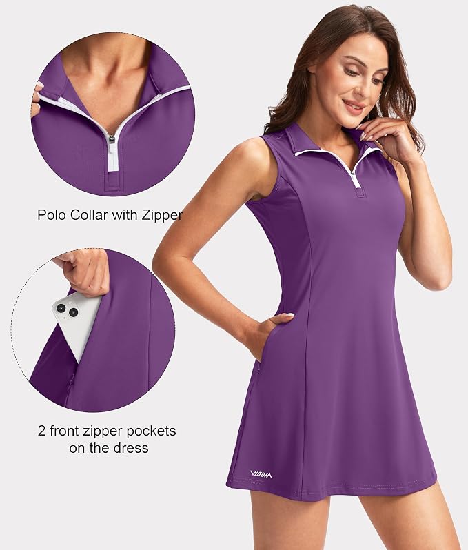 Viodia Women's Tennis Golf Dress with Shorts | Active, Exercise, Workout, Sports, Athletic, Dresses for Women, with Zipper Pockets
