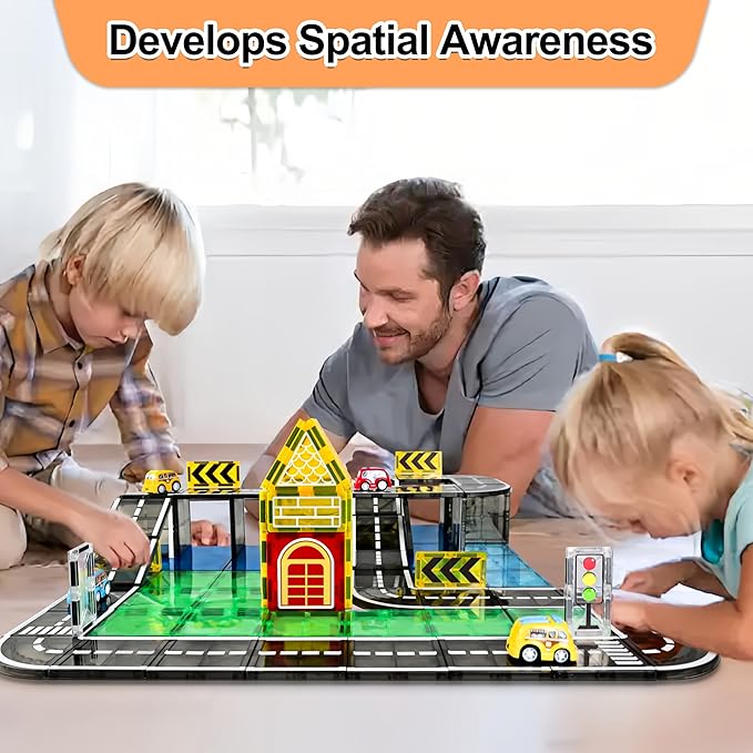 42pcs Magnetic Tiles Road, Magnetic Building Blocks City Construction Toys for 3+Year Old Boys Girls, Kids Montessori Toys for Toddler, STEM Learning Gifts