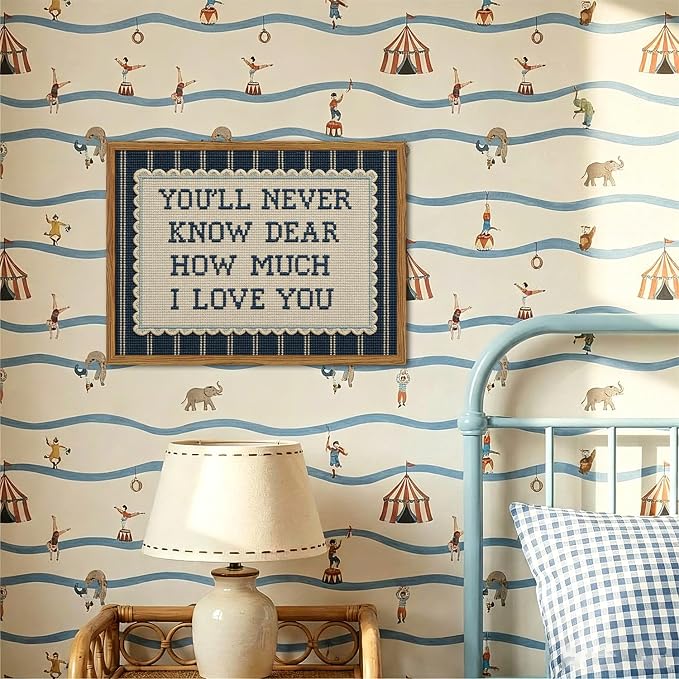 Framed You'll Never Know Dear How Much I Love You Wall Art, Vintage Nursery Blue Striped Pictures Wall Decor, Inspirational Quote Paintings Canvas Prints for Baby Boy Bedroom Living Room 16x24 inch