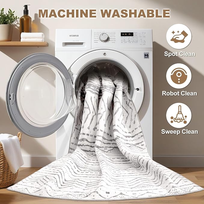 Nakagishi Boho 5x7 Area Rug Living Room Rugs Machine Washable Grey White | Soft, Pet & Kid Friendly, Carpet for Living Room/Bedroom/Office/Kitchen/Nursery, Daily Home Decor Stain Resistant Moroccan