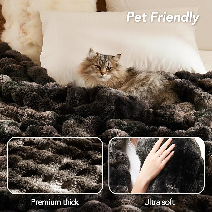 L'AGRATY Faux Rabbit Fur Throw Blanket for Couch, 50'' x 60'', Tie-Dye Gray | Soft Cozy Bubble Fluffy Blanket for Sofa Bed, Thick Warm Plush Fuzzy Throw for Room Home Decor, Luxury Gift for Women Mom