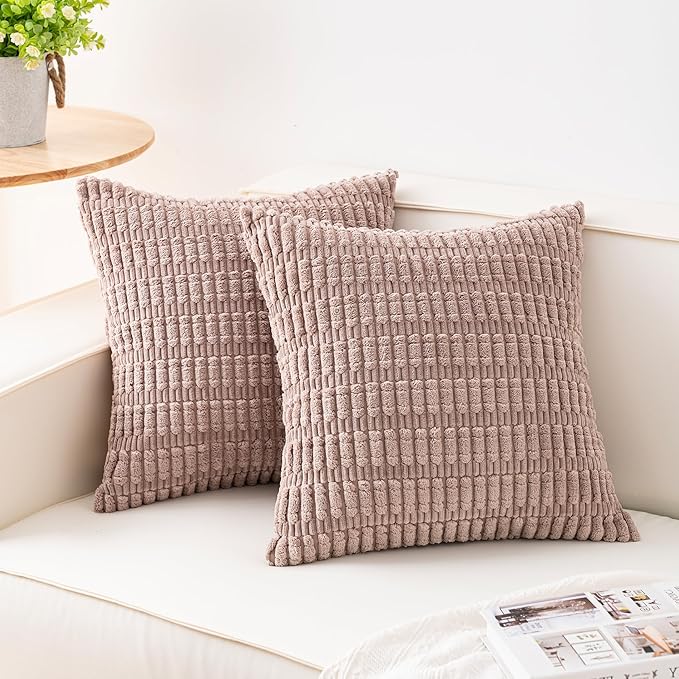 Pack of 2 Corduroy Decorative Throw Pillow Covers 26x26 Inch, Light Brown | Fall Soft Striped Pillow Covers Modern Farmhouse Home Decor Christmas Throw Pillow Covers for Sofa Living Room Couch Bed