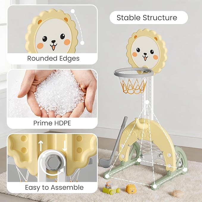 4-in-1 Toddler Basketball Hoop Indoor Adjustable Height Outdoor Sports Center for Kids Aged 1-3 Basketball, Soccer, Hockey & Ring Toss, Yellow and Green