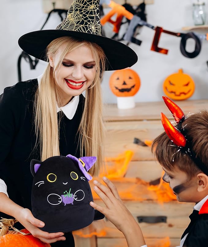 Halloween Stuffed Animal Cat Plush – Cute Halloween Decor Accessory Black Cat Plushie with Witch Hat 10 Inch Holiday Stuffed Animal