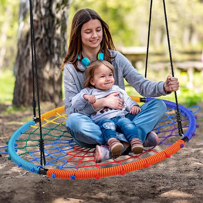 Trekassy 45" 750lbs Spider Web Tree Swing for Kids & Adults, Outdoor Steel Frame Saucer Net Swing with Swivel, Adjustable Ropes + 2 Tree Hanging Straps - Rainbow (Patented)
