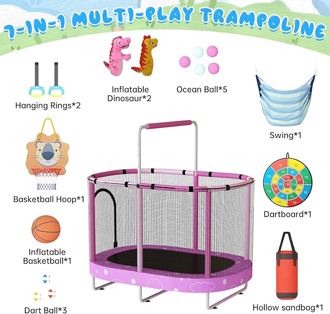 LAMERGE 55" 7-in-1 Round Trampoline for Kids Boys & Girls Ages 1-8, Indoor & Outdoor Trampoline for Fun, Adjustable Height Handrail ＆ Enclosed Safety Net ＆ Durable Designs for Toddlers Children