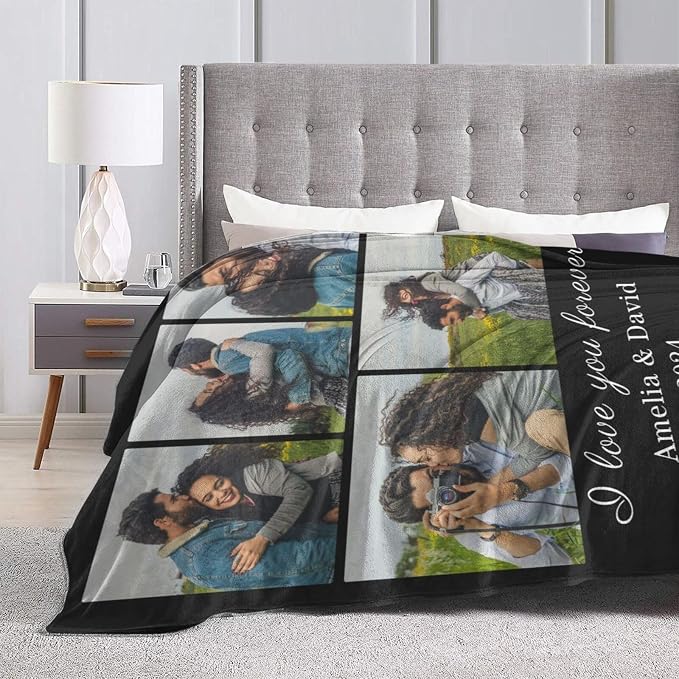 Custom Blanket with Picture Text, Personalized 5 Photo Blanket, HD Printing Customized Flannel Throw Blanket Gifts for Mom Dad Couple Girlfriend Boyfriend Wife Husband Christmas