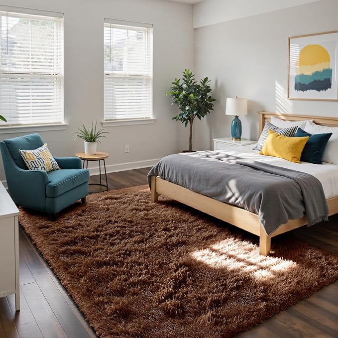 yongyangjuxin Fluffy Rug Shag Area Rug, Brown 6x9 Area Rugs for Living Room, Large Shag Area Rugs for Bedroom Room Home Decor, Upgrade Anti-Skid Rectangular Fuzzy Rugs