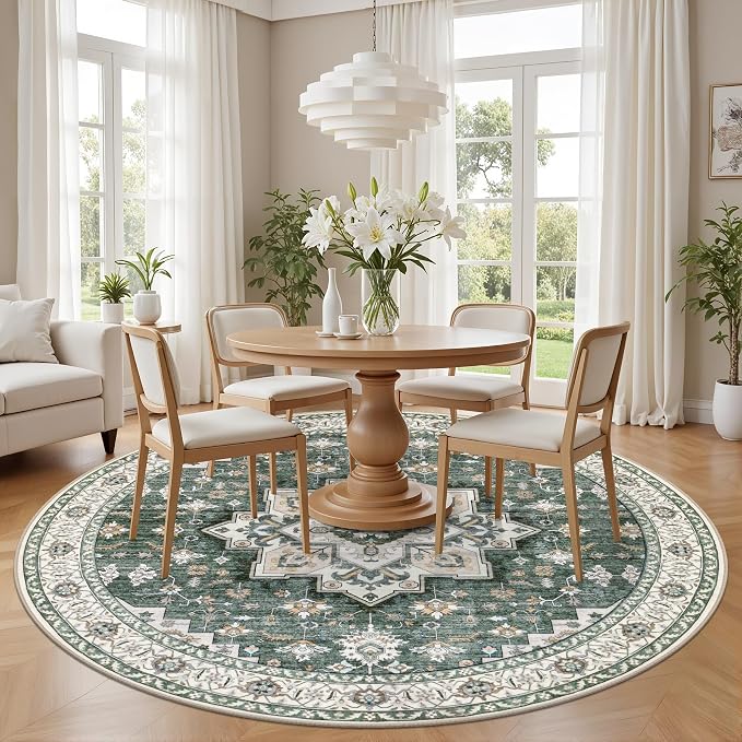 Round Area Rug for Living Room: 8 ft Washable Vintage Boho Soft Thin Circle Rug Indoor Floor No Slip Stain Resistant Carpet for Bedroom Dining Room Farmhouse Nursery Home Office - Green Ivory