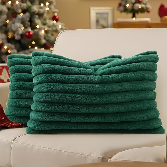 decorUhome Fall Faux Fur Throw Pillow Covers 12x20 Set of 2 Christmas Green | Decorative Soft Cozy Striped Plush Modern Farmhouse Boho Couch Pillow Cases Velvet Back for Sofa Bed Living Room Home Decor