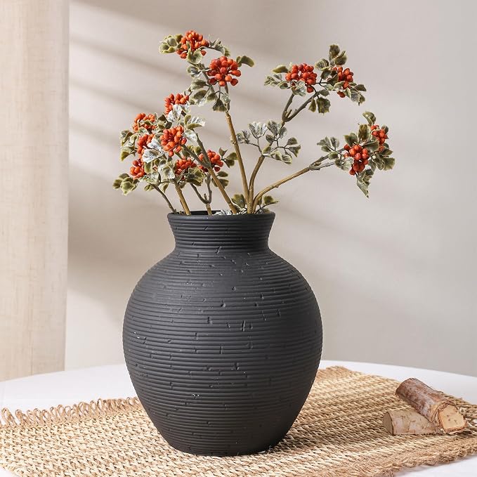 Ceramic Flower Vase Home Decor, 7.4 in Farmhouse Table Vases Retro Vintage Living Room Kitchen Bedroom Decoration Pottery Decorative Vases for Flowers House Shelf Office Desk Dining Entryway, Black