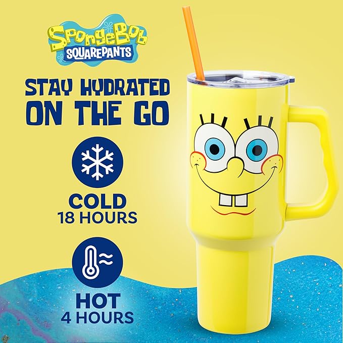 Silver Buffalo SpongeBob SquarePants Double Walled Stainless Steel Tumbler with Handle, Fits in Standard Cup Holder, 40 Ounces
