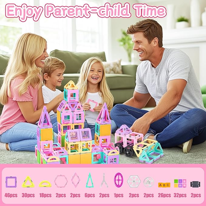 165 PCS Magnetic Tiles Set, Magnet Building Blocks Set with Car, Alphabet Card, and Ferris Wheel for Kids, STEM Educational Montessori Toy for 3 4 5 6 7 8 + Year Old Boys Girls Toddlers Birthday Gifts