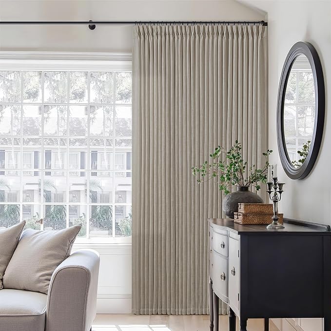 Pinch Pleated Linen Curtains 132 Inches Long for Living Room 2 Panels Set Greyish Beige Flax Double Pleated Drapes Back Tab Farmhouse Ceiling Floor 132 Inch Window Curtains Bedroom Burlywood Birch