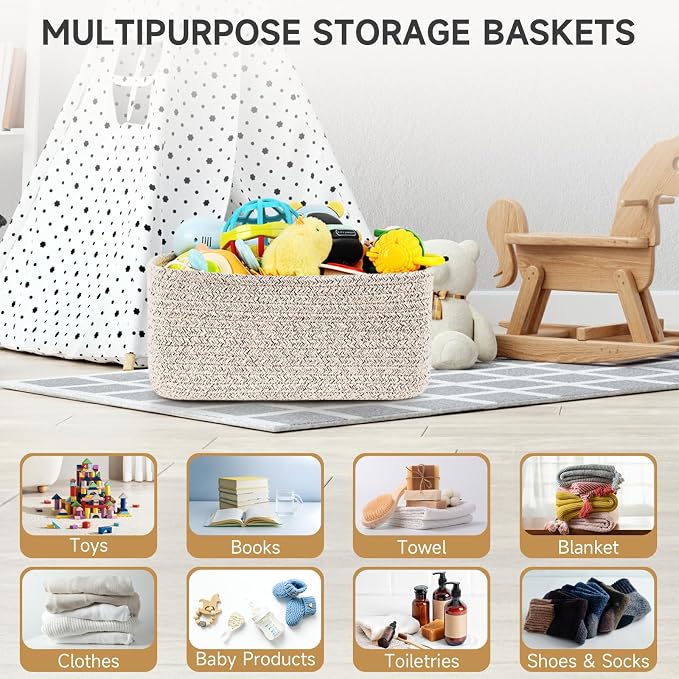 3 Pack Storage Baskets for Organizing, 13.7×9.5×6.3", Mixed brown | Woven Baskets for Shelves, Cotton Rope Basket for Gifts Empty, Closet Organizer Bins with Handles, Cube Decorative Box