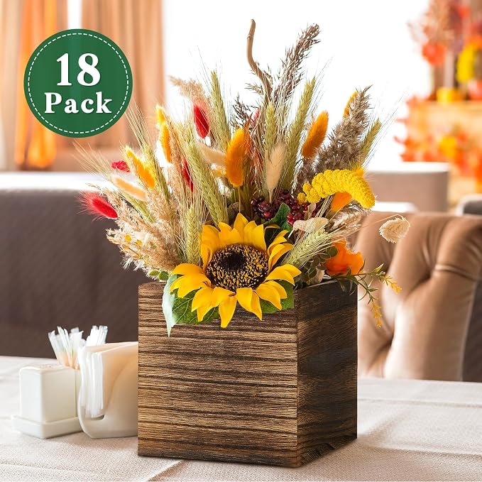 18 Set Wood Cube Planter Box Square Wood Vase Rustic Cube Planter Box with Removable Plastic Liner Floral Foam Blocks for Centerpieces Home Wedding Garden Decor, Country Style (Brown)