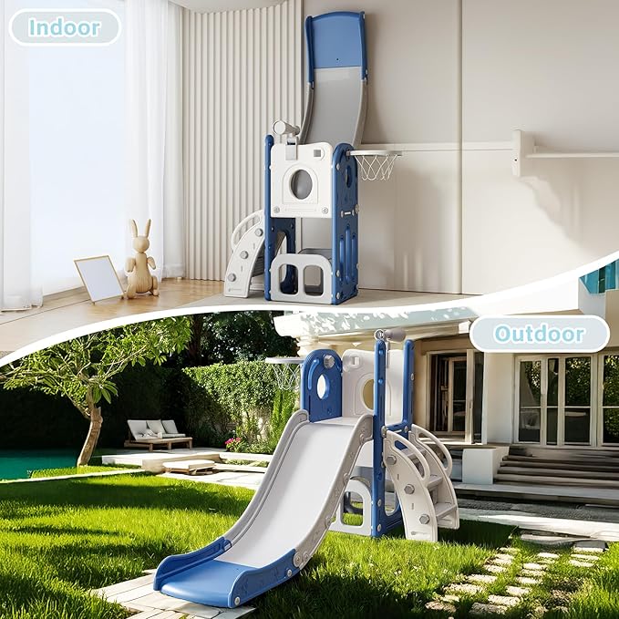 6 in 1 Toddler Slide, Indoor Outdoor Playground for Kids 1-3, Baby Slide with Basketball Hoop, Storage, Climber and Telescope, White Blue