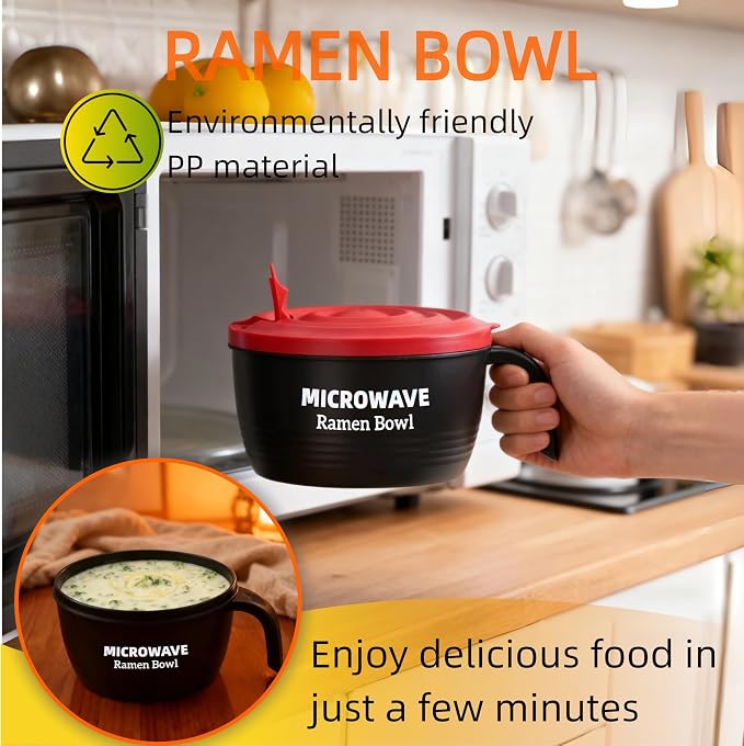 Layron Ramen Cooker Bowl - 45 oz Microwaveable Noodle Bowl Ramen in few Minutes- BPA Free and Dishwasher Safe Set with Chopsticks Perfect for Dorm, Small Kitchen, or Officee (black)