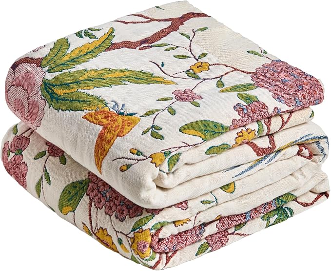 MSGKV Boho Throw Blanket 50"x60" Cotton Bird Blanket for Couch Bed Decor | 100% Cotton Throw, Chinoiserie Floral Bird, Reversible Blanket, Summer Decor, Road Trip Blanket, Machine Washable